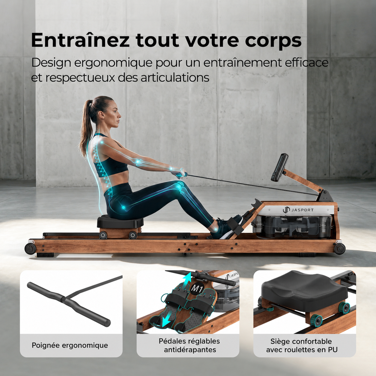 JASPORT M1 Rameur à eau pliable pour la maison – Coloris noyer