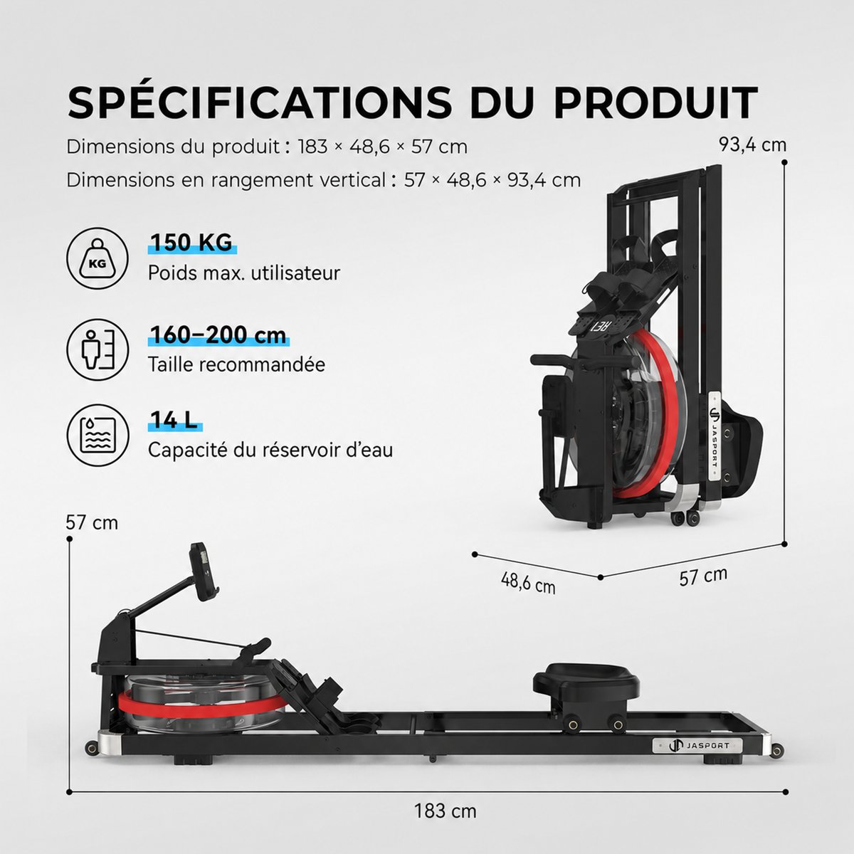 Rameur à eau pliable JASPORT RE1 pour entraînement à domicile